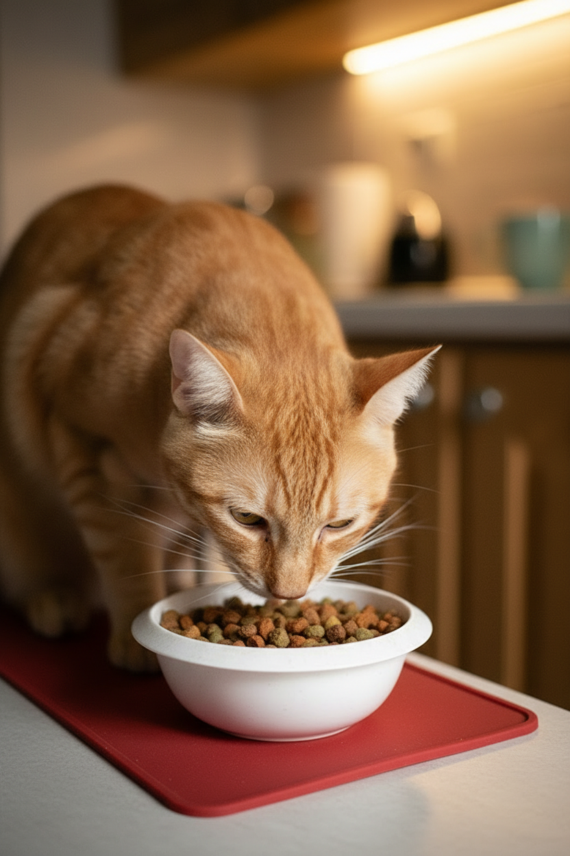 Orange cat eating kibble