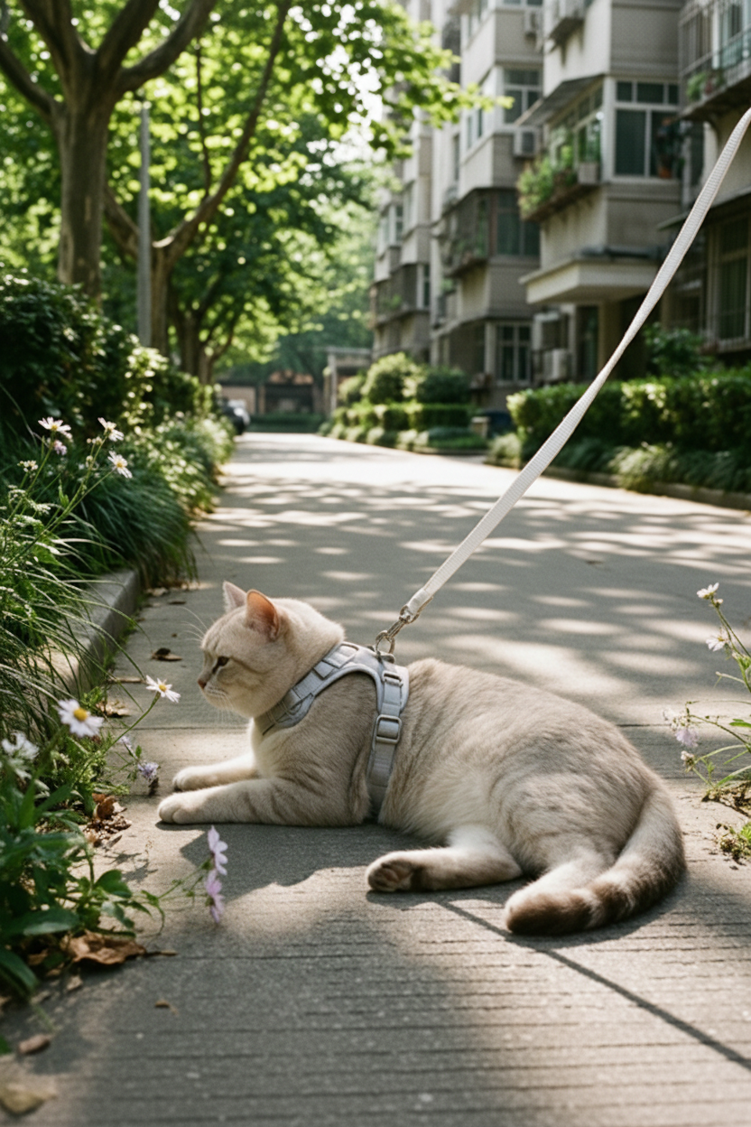 Cat in harness on sunny sidewalk