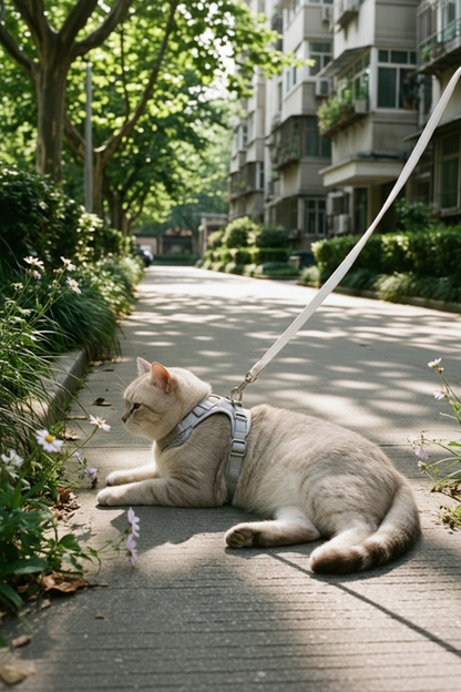 Cat in harness on sunny sidewalk