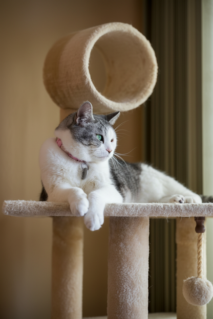 Cat lounging on cat tower platform