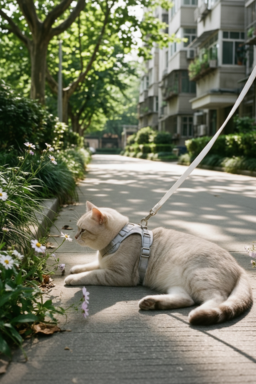 Cat sniffing flowers in harness