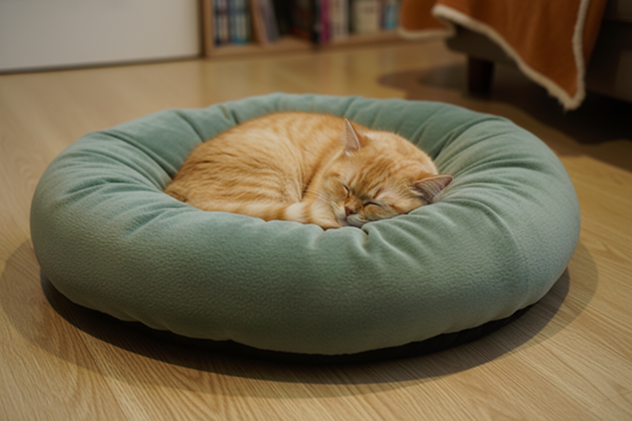 Green plush cat bed