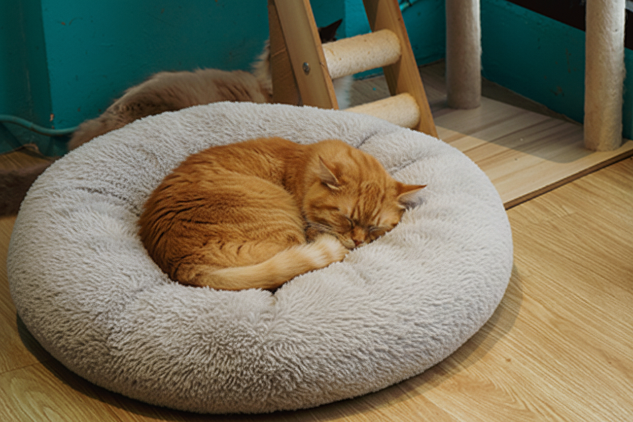 Grey plush cat bed