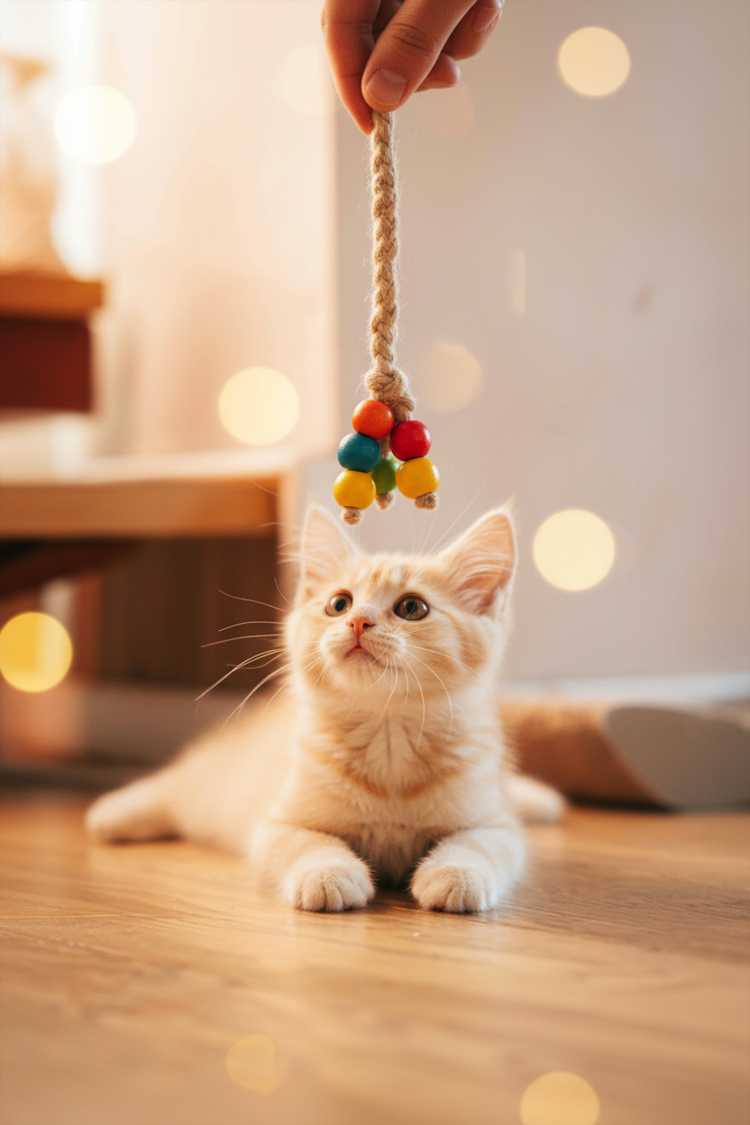 Hand holding wool bead toy with kitten