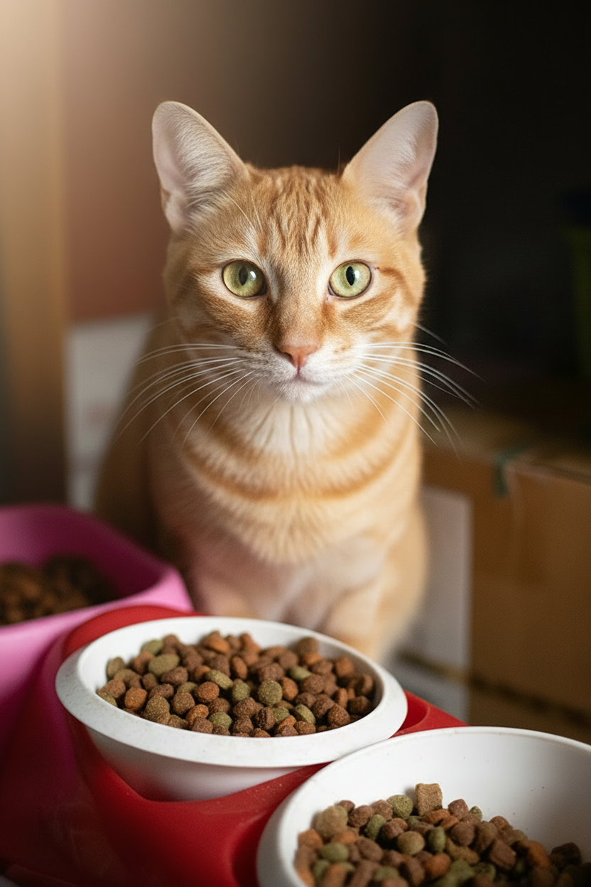 Happy cat next to food bowl