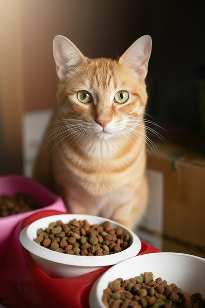 Happy cat next to food bowl