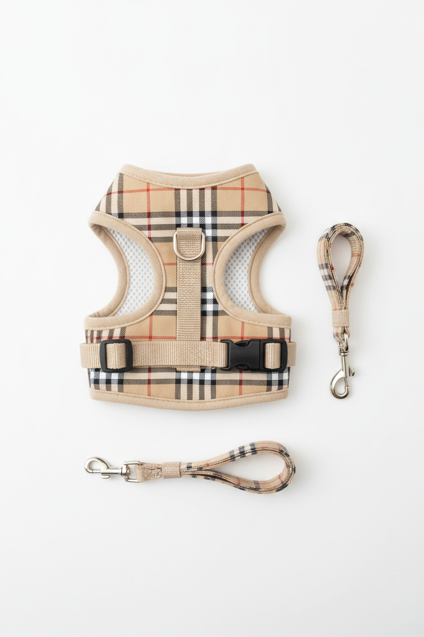 Harness leash flat lay white background