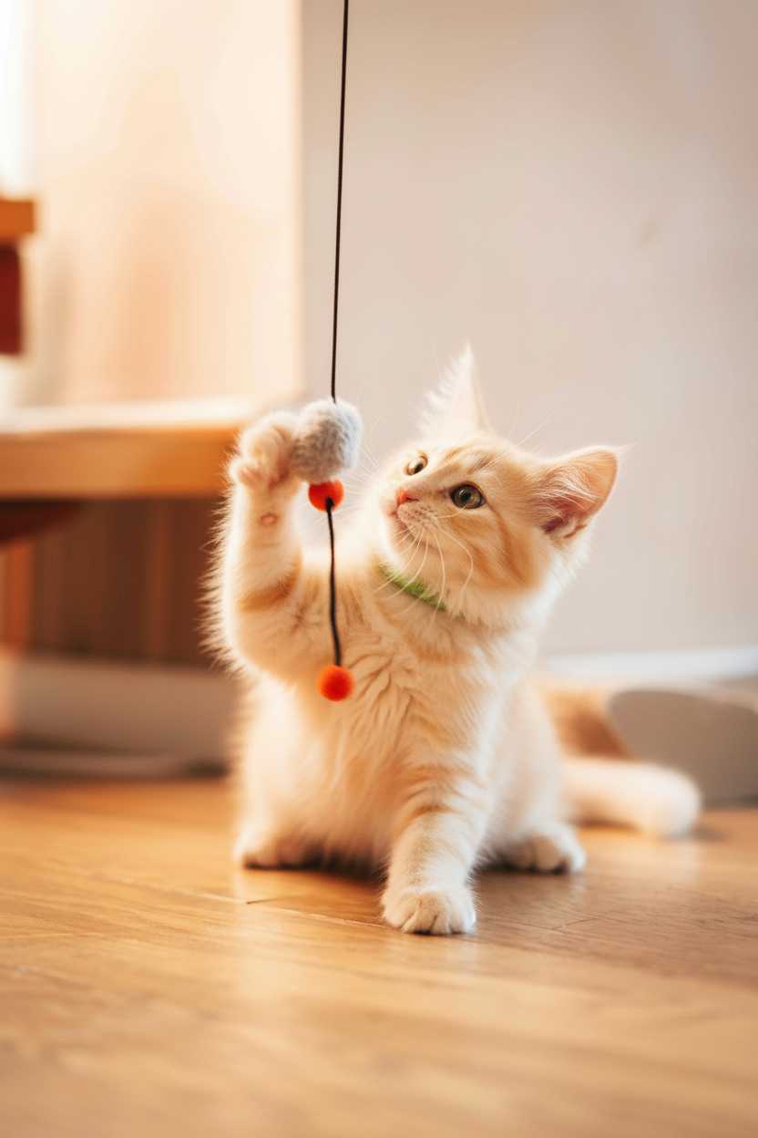 Kitten pouncing at wool bead toy