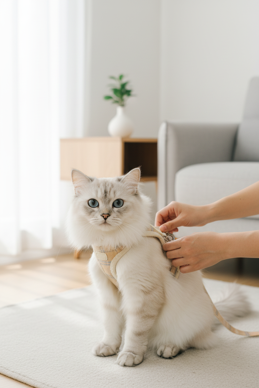 Person putting harness on cat