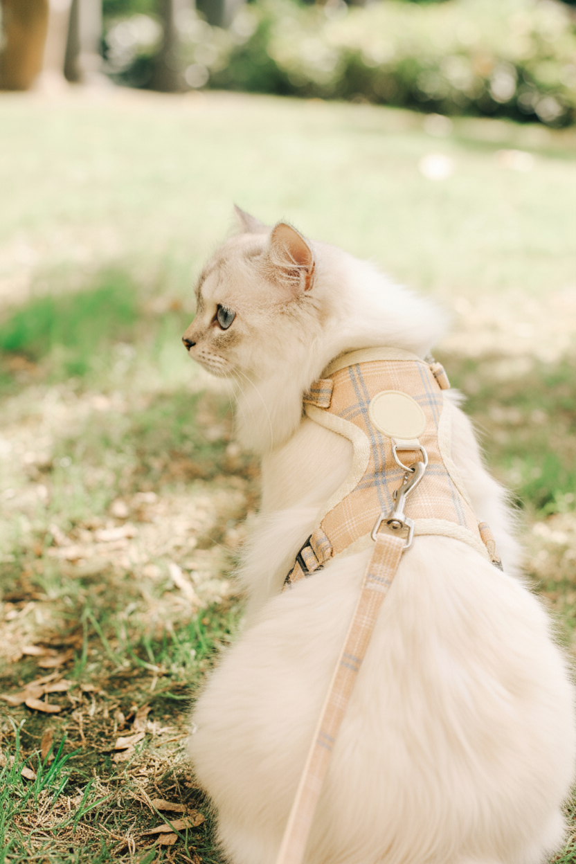 Plaid harness leash flat lay