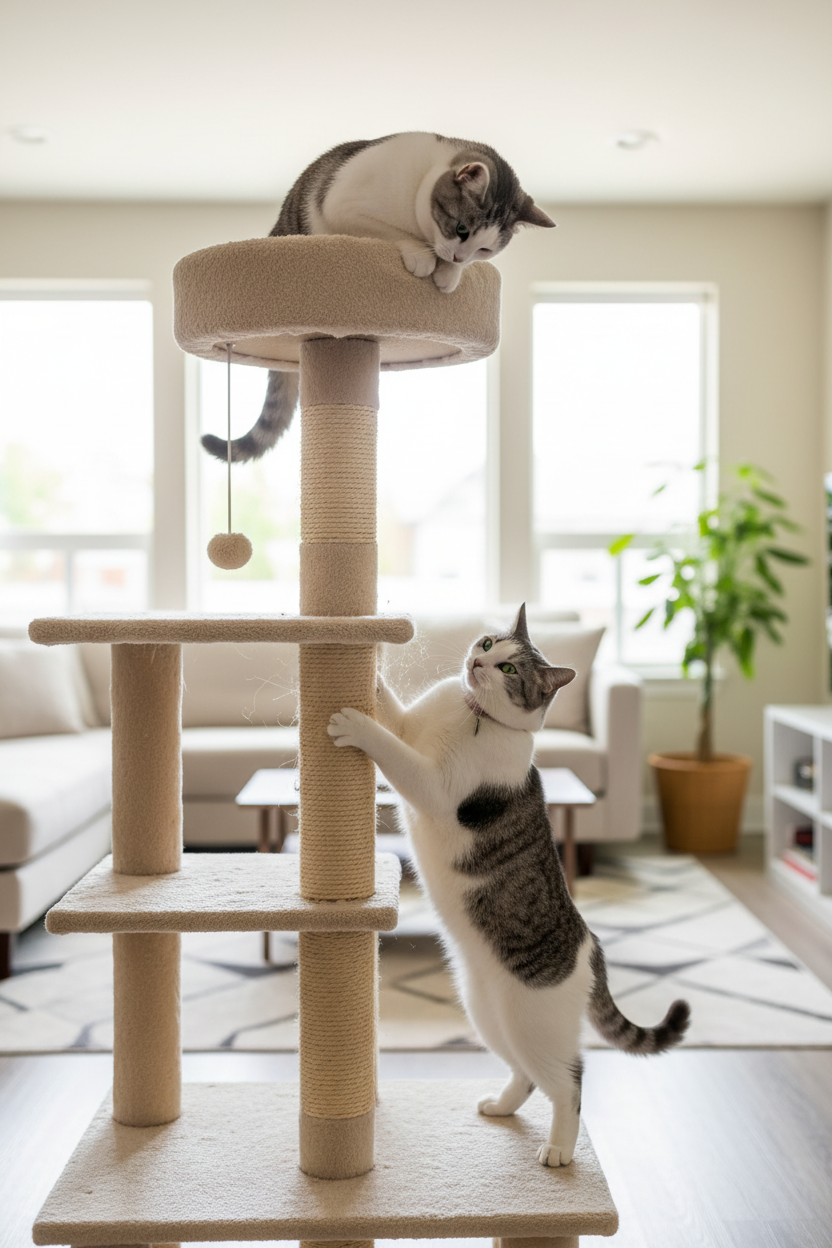Two cats playing on cat tower